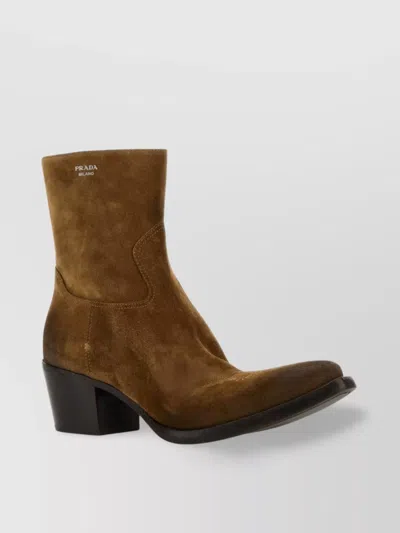Prada Suede Block Heel Ankle Boots