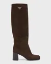 Prada Suede Block-heel Knee Boots In Moro