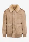 Prada Leather Jacket With Fur Collar And Epaulettes In Sand
