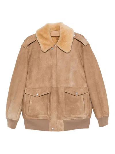 PRADA PRADA SUEDE BOMBER WITH SHEARLING COLLAR