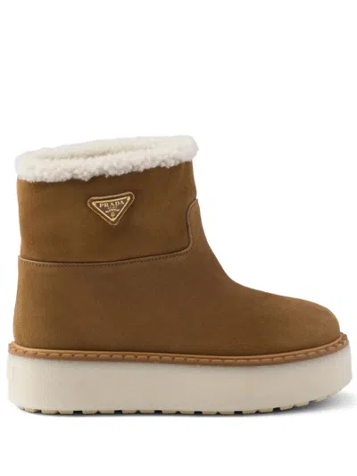 Prada Suede Shearling Cozy Platform Booties In Cannella
