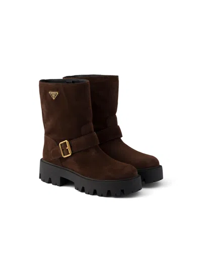 Prada Logo Suede Biker Boots In Brown