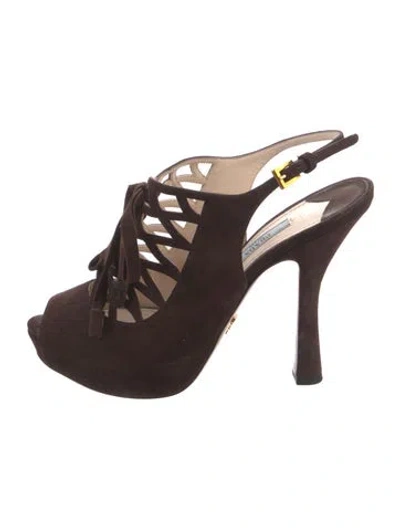 Pre-owned Prada Suede Bow Accents Slingback Pumps In Brown
