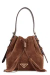 Prada Triangle Logo Suede Bucket Bag In Brown
