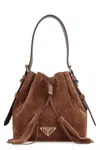 Prada Triangle Logo Suede Bucket Bag In Brown