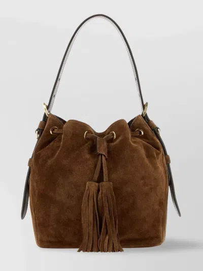 Prada Suede Bucket Bag With Adjustable Strap And Tassel Detail