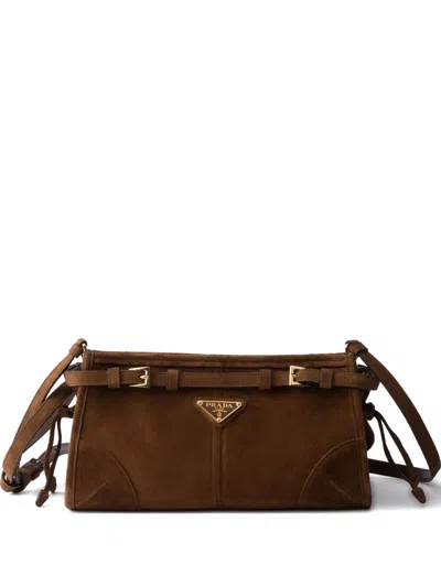 Prada Suede Buckle-fastening Shoulder Bag In Brown