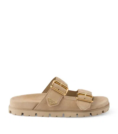 Prada Sand Suede Slippers In Animal Print
