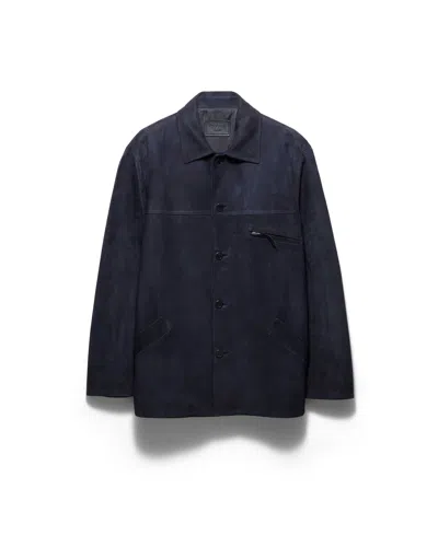 Prada Men's Suede Caban Jacket In Blue