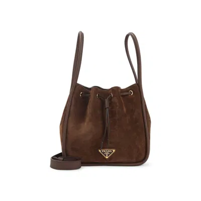 Prada Suede Calf Leather Bucket Bag With Drawstring Closure In Black