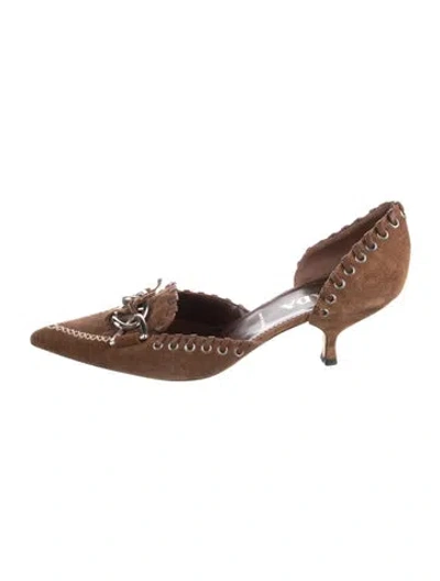 Pre-owned Prada Suede Chain-link Accents Pumps In Brown