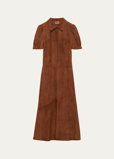 Prada Suede Collared Midi Dress In Brown
