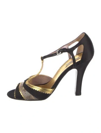 Pre-owned Prada Suede Colorblock Pattern T-strap Pumps In Black