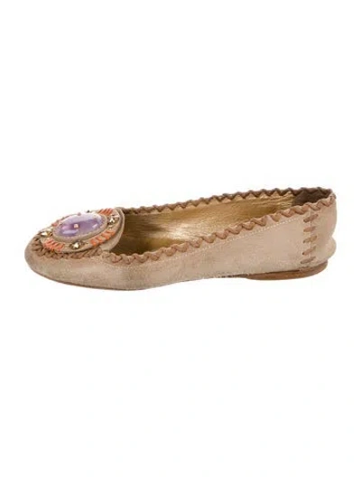 Pre-owned Prada Suede Crystal Embellishments Ballet Flats In Neutral