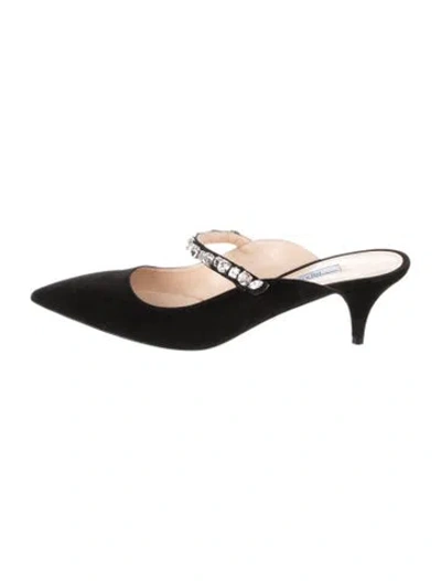 Pre-owned Prada Suede Crystal Embellishments Mules In Black