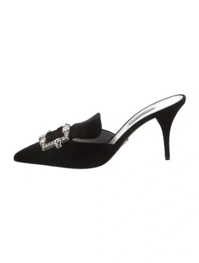Pre-owned Prada Suede Crystal Embellishments Mules In Black
