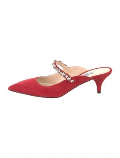 Pre-owned Prada Suede Crystal Embellishments Mules In Red