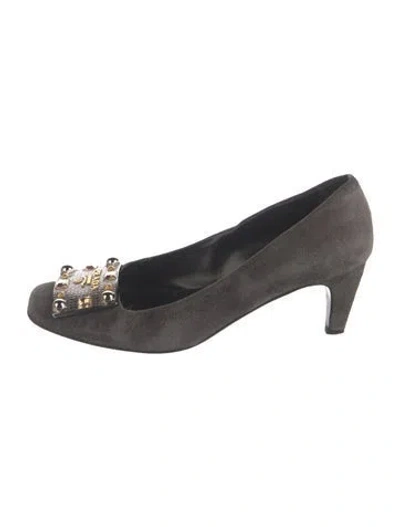Pre-owned Prada Suede Crystal Embellishments Pumps In Gray
