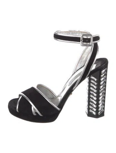Pre-owned Prada Suede Crystal Embellishments Sandals In Black