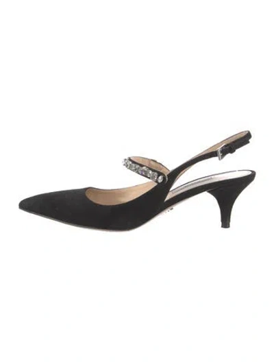 Pre-owned Prada Suede Crystal Embellishments Slingback Pumps In Black