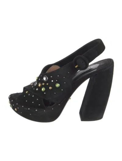 Pre-owned Prada Suede Crystal Embellishments Slingback Pumps In Black