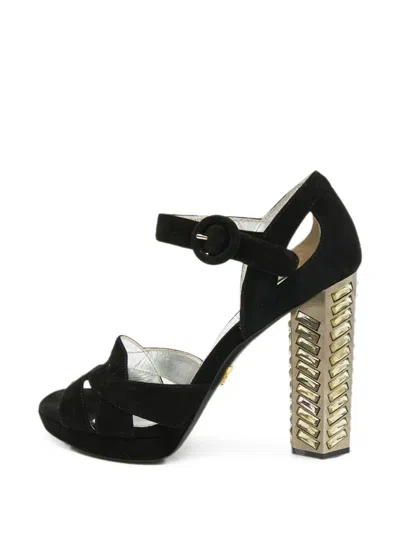 Pre-owned Prada Suede Crystal-embellished Heeled Sandals In Black