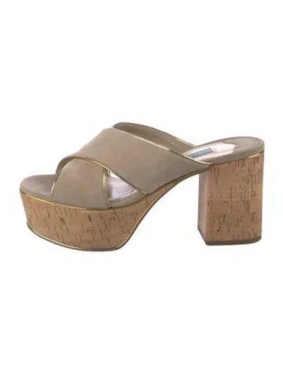 Pre-owned Prada Suede Cutout Accent Slides In Neutrals