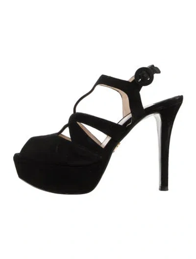 Pre-owned Prada Suede Cutout Accent T-strap Sandals In Black