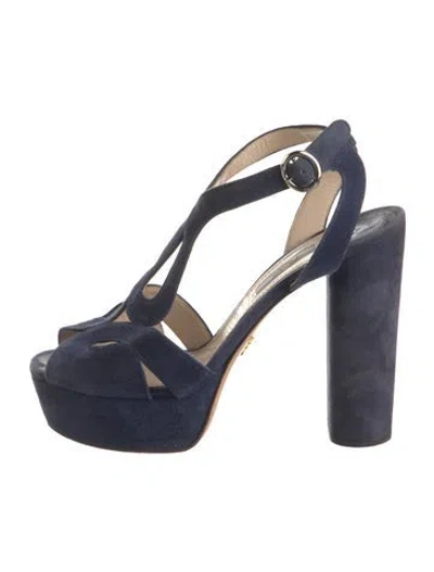 Pre-owned Prada Suede Cutout Accent T-strap Sandals In Blue