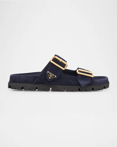 Prada Leather Slides Gold-tone Hardware Accents In Black