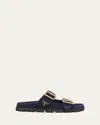 Prada Leather Slides Gold-tone Hardware Accents In Bleu