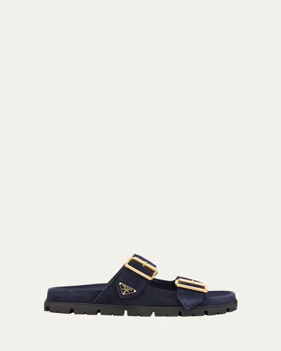 PRADA SUEDE DOUBLE-BUCKLE SLIDE SANDALS