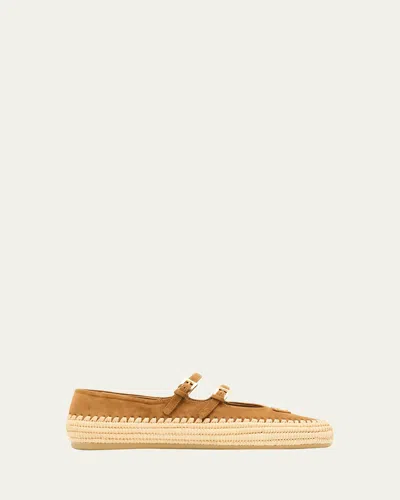 Prada Suede Double Mary Jane Strap Espadrilles In Brown