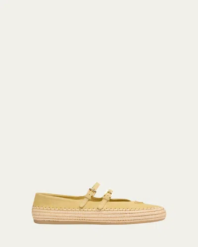 Prada Suede Double Mary Jane Strap Espadrilles In Gold