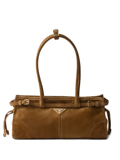 Prada Suede Drawstring Tote Bag In Brown