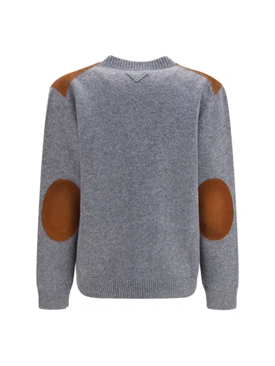 Prada Suede Elbow Patch Wool Cardigan In Gray