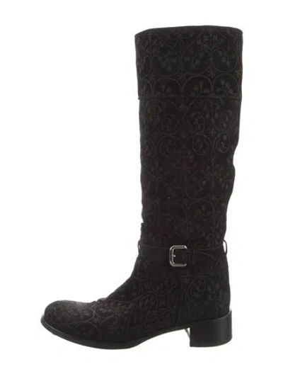 Pre-owned Prada Suede Embroidered Accent Riding Boots In Black