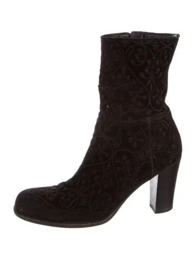 Pre-owned Prada Suede Embroidered Accent Sock Boots In Black