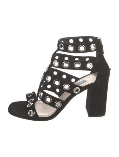 Pre-owned Prada Suede Eyelet Trim Gladiator Sandals In Black