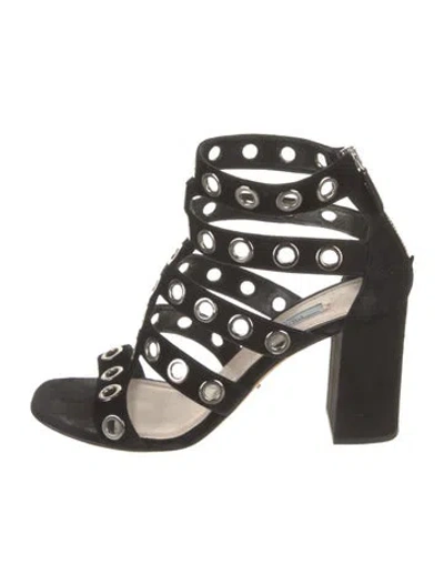 Pre-owned Prada Suede Eyelet Trim Sandals In Black