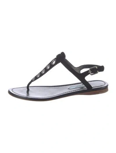 Pre-owned Prada Suede Eyelet Trim T-strap Sandals In Black