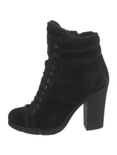 Pre-owned Prada Suede Faux Fur Trim Lace-up Boots In Black