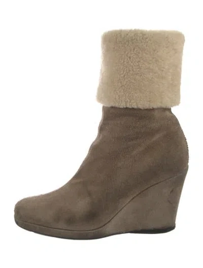 Pre-owned Prada Suede Faux Fur Trim Sock Boots In Brown