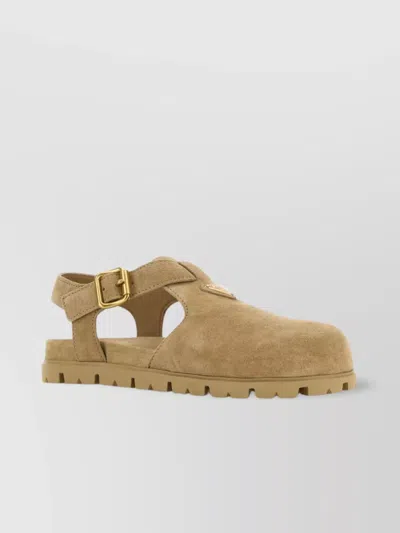 Prada Suede Flat Sandals Open Sides In Brown
