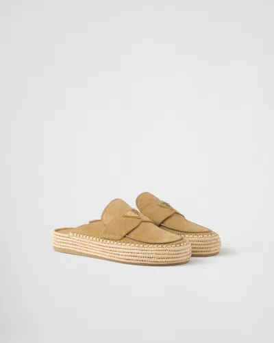 Prada Suede Slippers With Espadrille Sole And Round Toe In Brown