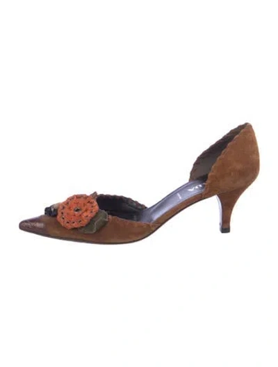 Pre-owned Prada Suede Floral Print D'orsay Pumps In Brown