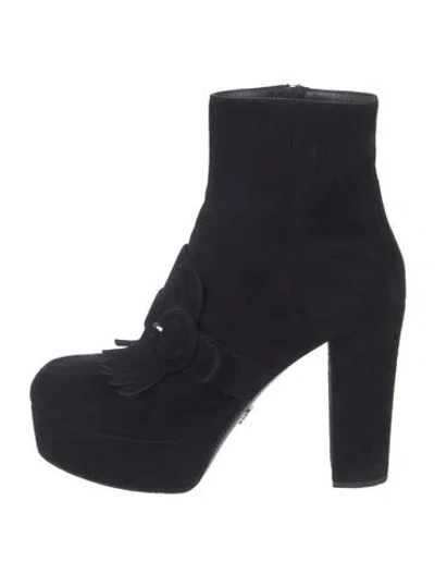 Pre-owned Prada Suede Fringe Trim Accent Boots In Black