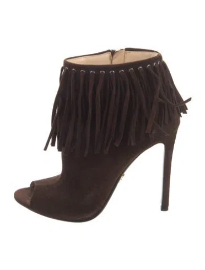 Pre-owned Prada Suede Fringe Trim Accent Boots In Brown