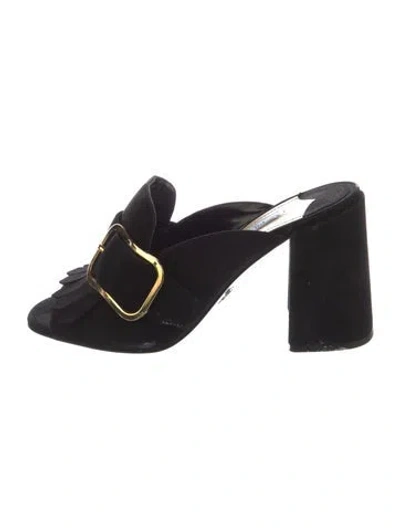 Pre-owned Prada Suede Fringe Trim Accent Mules In Black