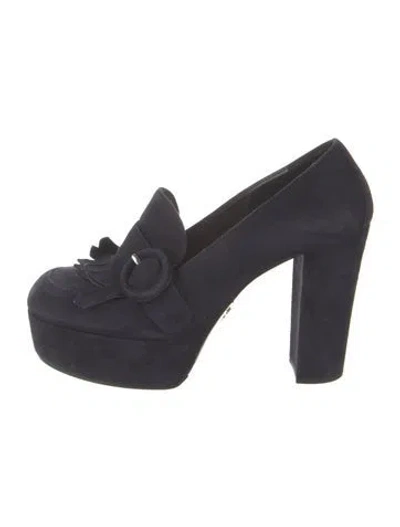 Pre-owned Prada Suede Fringe Trim Accent Pumps In Blue